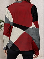 billige Kvinne Striper &amp; Geometriske Topper-Dame Skjorte Grafisk Geometrisk Fritid Lang erme Skjorte Krage Vanlige topper Daglig Lappeteppemønster Knapper Print Vinrød Høst Vinter