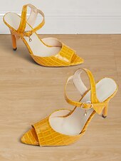 levne 80. léta 20. století-dámské žluté jehlové podpatky s reliéfem Croc s páskem kolem kotníku a otevřenou špičkou - elegantní společenské boty pro formální příležitosti a večerní nošení