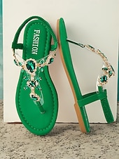 abordables Sandalias Planas-Sandalias con tira en T y adorno de diamantes de imitación verdes para mujer con correa elástica en el tobillo: calzado de verano elegante para playa, fiestas o ropa informal