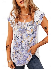 billige Tanks og camisole til kvinner-Dame Camisole Tank Top Blomstrete Stilfull Uformell Kort Erme Fyrkantet Hals Regulære Topper Daglig Rynkete Trykk Rosa Lilla Lys Grå Sommer