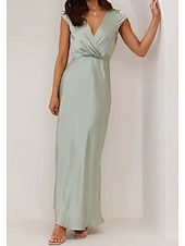 cheap Bridesmaid Dresses-Sheath / Column Bridesmaid Dress V Neck Cap Sleeve Elegant Floor Length Satin with Ruching 2025