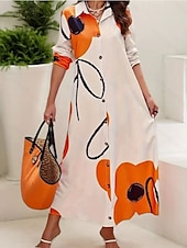 cheap Casual Floral Dresses-Women&#039;s Long Dress Maxi Dress Shirt Dress Casual Dress Summer Dress Stylish Casual Vacation Daily Date Regular Fit Floral Graphic Long Sleeve Lapel Black And White Black Blue Orange Summer Spring