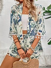 billiga Blazers och kostymer-Dam Kostymer Andningsfunktion Bekväm Tofs Mönster Ledigt Blommig Semester Gata Dagliga kläder Utekväll Öppen front Normal Kraglös Normal 3/4 ärm Ytterkläder Vit Sommar Vår