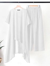economico Set in cotone e lino-Per donna Moda Streetwear Quotidiano Camicia Set ispirati al lino Set da due pezzi Pantaloni a Gamba Larga Manica 3/4 Girocollo Semplice Casuale Quotidiano Nero Bianco Verde militare Primavera