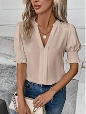 preiswerte Einfache Blusen-Damen Hemd Bluse Einfarbig Stilvoll Lässig Kurzarm Langarm V Ausschnitt Normale Oberteile Täglich Arbeit Ferien Schwarz Weiß Pudriges Rosa Orange Grün Sommer Frühling