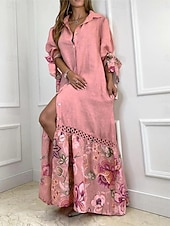 ieftine rochii imprimate din bumbac si in-Pentru femei Rochie Maxi Rochii de in bumbac Rochii Tip Cămașă Rochie casual Casual Vacanță Zilnic Fit regulat Floral Lungime Manșon 3/4 Guler Cămașă Alb Roz Îmbujorat Albastru celest Mov Vară