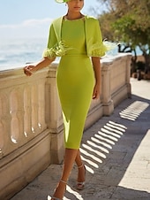abordables Robes de cocktail-Robe cocktail fourreau  colonne robe élégante invitée de mariage formelle longueur cheville manches courtes cou bijou avec poche crêpe extensible avec cristaux de plumes