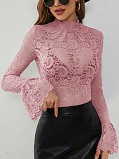 levne Krajkové topy-Dámské Krajkový sestřihový top stylové Dlouhý rukáv Tričkový Běžné topy Krajka světle růžově šedá Bílá Léto Jaro