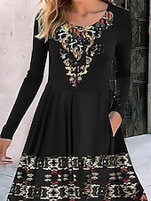 cheap Boho Dress-Women&#039;s Midi Dress Casual Dress Swing Dress A Line Dress Boho Dress Vintage Ethnic Casual Vacation Daily Regular Fit Floral Long Sleeve Crew Neck Black Summer
