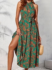 ieftine Rochii florale elegante-Pentru femei Rochie Maxi Rochie casual Rochie leagăn Rochie A line Rochie Boho Boemia Epocă Casual Vacanță Zilnic Fit regulat Floral Fără manșon Gâtul halter Trifoi Vară