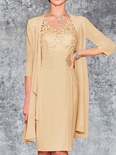 abordables Avec veste-Robe de mariée de plage deux pièces robe mère de la mariée invitée de mariage église élégante décolleté en V longueur genou chiffon manches 3/4 avec broderie 2025 taille personnalisée gratuite