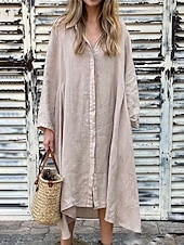 preiswerte Kleider aus Baumwolle und Leinen entwerfen-Damen Maxikleid Baumwoll-Leinen-Kleider Hemdblusenkleid Freizeitkleid Maxikleid aus Baumwolle Basic Lässig Urlaub Täglich Normale Passform Einfach Langarm Hemdkragen Dunkelgrün Aprikose Grau Sommer