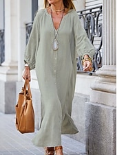 abordables Vestidos-Mujer Vestido maxi Vestidos con tacto de lino Lino de algodón sintético Vestido de cambio Vestido de Camisa Elegante Básico Casual Manga de la linterna Diario Hogar Trabajo Holgado Plano Manga Larga