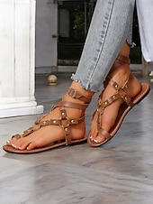 preiswerte Damensandalen-Damen-Gladiatorsandalen im Bohemian-Stil – flache Riemchenschuhe im Römerstil mit Schnürung und Nietendetails für Sommer, Strand und Freizeit