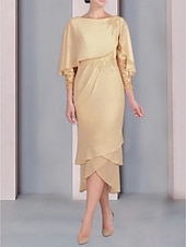 economico Lunghezza del tè-Abito a tubino da spiaggia per la madre della sposa abito per invitata elegante petite scollo rotondo lunghezza tè in chiffon maniche a 3/4 con applicazioni in pizzo taglia personalizzata gratuita