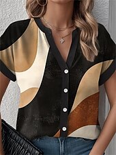 preiswerte Damen Streifen- und geometrische Oberteile-Damen Hemd geometrisch Blockfarben modern lässig kurzärmlig mit Ausschnitt reguläre Tops Arbeit täglich Knöpfe Druck schwarz Sommer Frühling