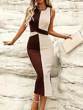 abordables Robes moulantes de soirée-Femme Robe mi-longue Robe en maille Robe casual Moulante Elégant Décontractées Vacances Travail du quotidien Standard Plein Sans Manches Col Ras du Cou Marron Eté
