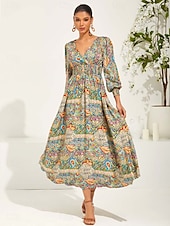 abordables Robes de vacances-Femme Robe Maxi Robe ethnique Robe Évasée Elégant mode Vacances Ample Graphic Cachemire manche longue Col V Vert Eté Printemps