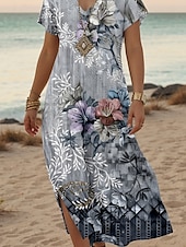 abordables Robe Fleurie-Robe Maxi Femme Robe Décontractée Robe Solaire Robe Shift Stylée Décontractée Manches Tombantes Vacances Quotidienne Coupe Regular Imprimé Floral Manches Courtes Col V Gris Printemps Automne