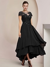 economico Lunghezza del pavimento-Abito A-line Madre della Sposa Abito Ospite di Matrimonio Formale Elegante Alto-Basso Collo a Barchetta Asimmetrico Lunghezza Tea Chiffon Pizzo Manica Corto con Applicazioni in Paillettes 2025 taglia