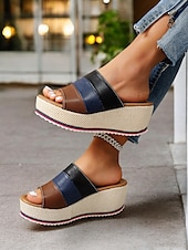abordables Sandalias Informales-Sandalias de cuña con plataforma multicolor para mujer con punta abierta: zapatos de verano cómodos para salidas informales y vacaciones en la playa