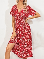 billiga Eleganta blommiga klänningar-Dam Midiklänning Vardagsklänning Swingklänning A linjeklänning Stylish Ledigt Semester Dagligen Normal Blommig Kortärmad V-hals Svart Vit Gul Rodnande Rosa Sommar