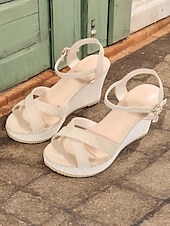 cheap Women&#039;s Sandals-Women&#039;s Black Wedge Sandals with Ankle Strap Espadrille Sole and Crisscross Design for Summer Wear and Casual Outings