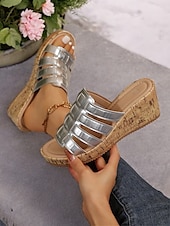 abordables Sandales Décontractées-sandales compensées dorées à lanières pour femmes avec semelle en imitation liège – chaussures d&#039;été élégantes pour les tenues décontractées et de plage