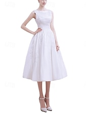 cheap Little White Dresses-Engagement Little Graduation White Dresses Wedding Dresses A-Line Boat Neck Sleeveless Tea Length Satin Bridal Gowns With Pleats Appliques