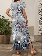 abordables Robe Fleurie-Robe Maxi Femme Robe Décontractée Robe Solaire Robe Shift Stylée Décontractée Manches Tombantes Vacances Quotidienne Coupe Regular Imprimé Floral Manches Courtes Col V Gris Printemps Automne
