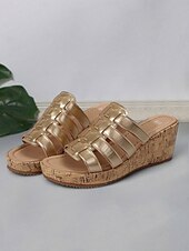 abordables Sandales Décontractées-sandales compensées dorées à lanières pour femmes avec semelle en imitation liège – chaussures d&#039;été élégantes pour les tenues décontractées et de plage