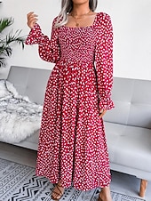 abordables Robe de la laitière-Femme Robe Maxi Robe Maxi Robe de laitière Robe smockée Soirée Hawaïen mode Vacances Travail du quotidien Standard Pois manche longue Col Carré Jaune Rose Claire Printemps Automne