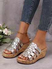 abordables Sandales Décontractées-sandales compensées dorées à lanières pour femmes avec semelle en imitation liège – chaussures d&#039;été élégantes pour les tenues décontractées et de plage