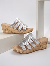abordables Sandales Décontractées-sandales compensées dorées à lanières pour femmes avec semelle en imitation liège – chaussures d&#039;été élégantes pour les tenues décontractées et de plage