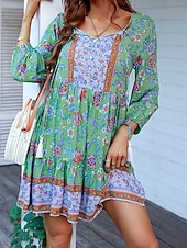 preiswerte Ausgefallene Kleider-Damen Minikleid Casual kleid Boho Chic Kleider Boho-Kleid Böhmen Kuschelig Stilvoll Urlaub Täglich Strand Lockere Passform Graphic Langarm V Ausschnitt Rote Grün Frühling Herbst
