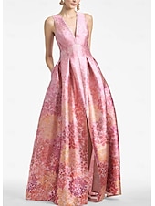 billiga Blommor-A-linjig Aftonklänning Hög Slits Klänning Strand Bröllop Formell Bröllop Gäst Golvlängd Ärmlös V-hals Ficka Satin med Blommönster Slits Ficka Derby Klänning Racedag Klänning Bröllop Gäst Klänning 2025