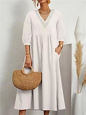 cheap Plain Dress-Women&#039;s Midi Dress Elegant Vintage Stylish Lantern Sleeve Vacation Daily Regular Fit Plain 3/4 Length Sleeve V Neck Black White Summer Spring Fall