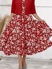 abordables Robe Fleurie-Robe Midi Femme Robe Décontractée Robe en Chiffon Robe Évasée Élégante Rendez-vous Coupe Régulière Fleurie Manches Mi-longues Col V Rouge Printemps