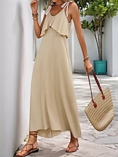 cheap Vacation Dresses-Women&#039;s Maxi Dress Casual Dress Slip Dress Stylish Basic Casual Vacation Daily Regular Fit Plain Sleeveless V Neck Apricot Summer Spring