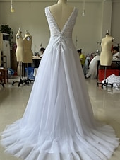 economico abiti da sposa casual-Abiti da sposa Abito da ballo Collo a V Spalline regolari Strascico cappella Abiti da sposa in raso con pieghe arricciate