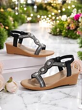 baratos Sandálias plataforma anabela-sandálias femininas de cunha com strass e pérolas falsas, com design de tira em T, sola confortável e estilo casual de verão para uso ao ar livre e em festas