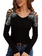 preiswerte Damen Einfache Oberteile-Damen Elegante Oberteile Elegant Langarm V Ausschnitt Normale Oberteile Schwarz Weiß Sommer Frühling