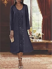 billige Med jakke-Strand Bryllup To Delt A-Linje Mor til Bruden Kjole Formell Bryllupsgjester Elegant V Hals Te Lengde Chiffon Blonde Ermeløse Jakke Kjoler med Beading Paljetter 2025 gratis tilpasset størrelse