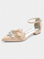 preiswerte Halbformell-weiße Satin-Pumps mit spitzer Spitze, Strass-Schleife und Fesselriemchen – perfekte Brautschuhe für Hochzeiten