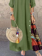 preiswerte bedruckte Kleider aus Baumwolle und Leinen-Damen Maxikleid Baumwoll-Leinen-Kleider Freizeitkleid Vintage Stilvoll Ethnisch Urlaub Täglich Lässiger Schnitt Blumen Dreiviertelarm Rundhalsausschnitt Gelb Wein Khaki Armeegrün Frühling Herbst