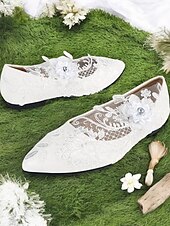 cheap Casual-White Lace Wedding Shoes with Floral Appliqué and Mesh Design for Brides for Formal Occasions
