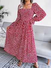 abordables Robe de la laitière-Femme Robe Maxi Robe Maxi Robe de laitière Robe smockée Soirée Hawaïen mode Vacances Travail du quotidien Standard Pois manche longue Col Carré Jaune Rose Claire Printemps Automne