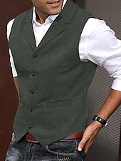 cheap Men&#039;s Vest-Men&#039;s Vest Gilet Wedding Event / Party Daily Fashion Business Spring &amp;  Fall Buttons Pocket Polyester Comfortable Solid Color Single Breasted One-button Lapel Regular Fit Black Light Brown Green Army