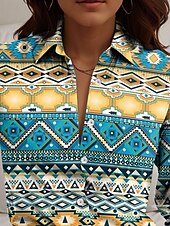 billige Kvinne Boho Topper-Dame Skjorte Geometrisk Fargeblokk Fritid Langermet Skjortekrage Vanlige topper Arbeid Daglig Knapper Trykt mønster Blå Vår Høst Vinter
