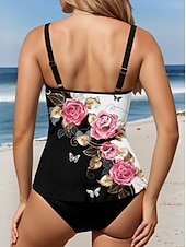abordables Tankinis-Tankini Femme 2 Pièces Maillot de Bain Décollé Contrôle Du Ventre Taille Haute Slim Vacances Plage Tenue Graphique Fleurie Col U Sans Manches